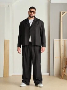 Manfinity VCAY Herren Große Größen Schwarz Locker gewebter Blazer Langarm und Hose Set