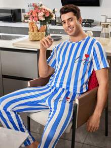 Manfinity Striped, Message, Heart Design Print Minimalist Casual Pajamas Set For Couples - Blue and White - View 2