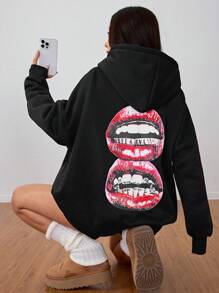 StreetHx 女士唇印休闲连帽卫衣套头衫秋季款 - 黑色 - 查看 2
