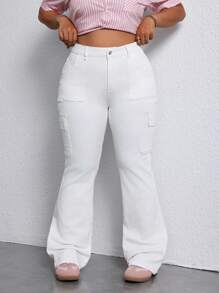 SHEIN EZwear Plus Size Women's Cargo Pocket Flare Leg Casual Jeans - White - View 1