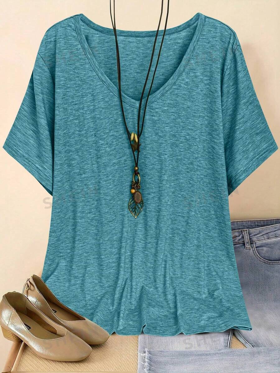 Blusa casual simple de talla grande con cuello en V y manga corta