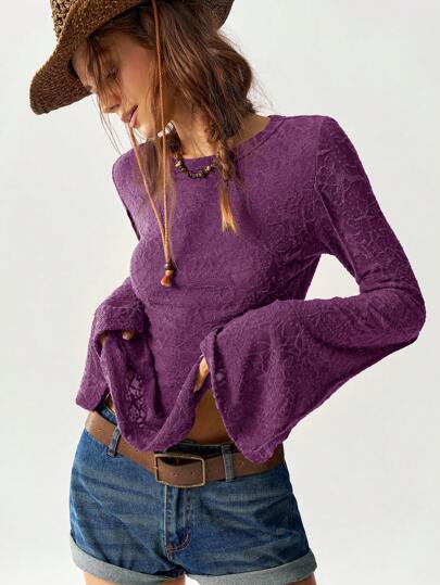 Bohemela 1pc Women Casual Solid Color Knit Splice Lace Flare Sleeve Fitted Regular T-Shirt