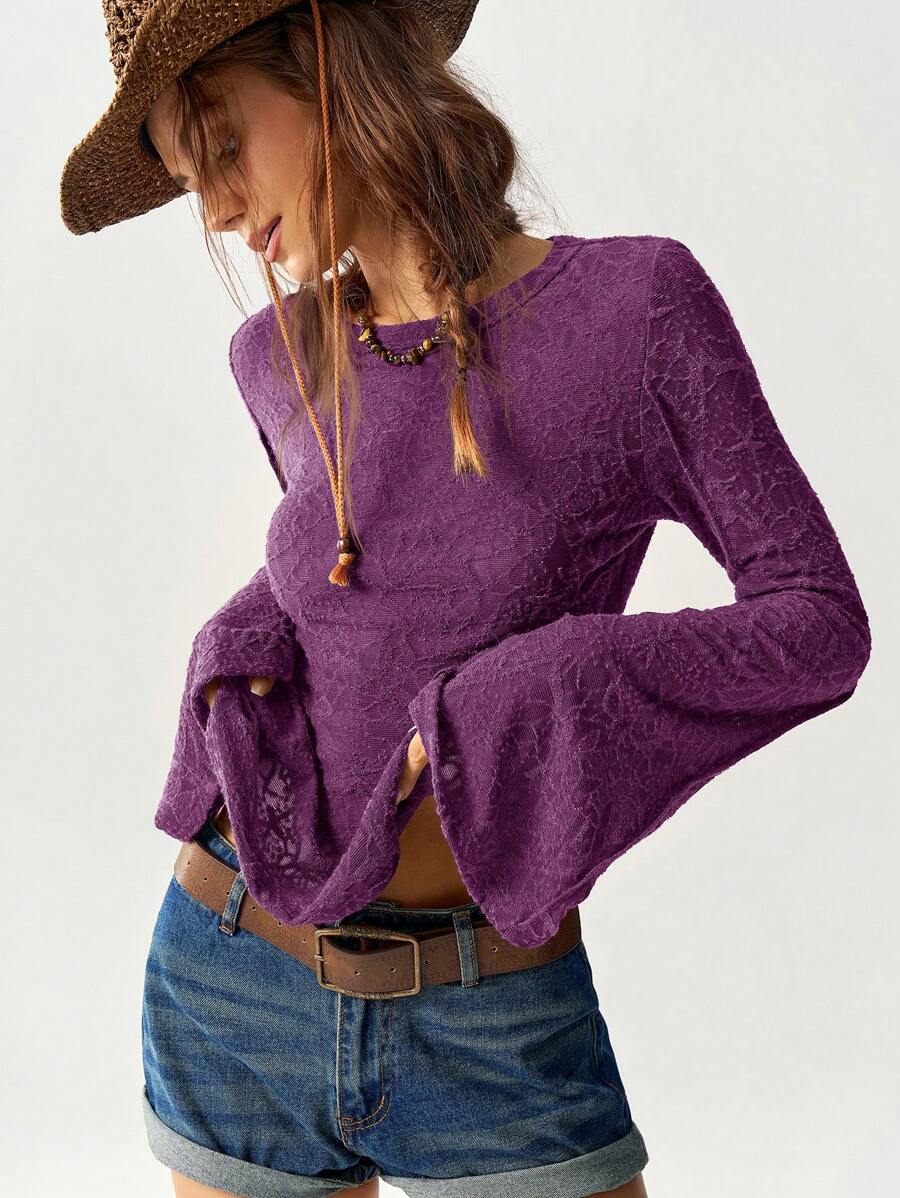 Bohemela 1 pezzo Maglietta a maniche a palloncino regolare con inserti in pizzo e colore tinta unita casual da donna