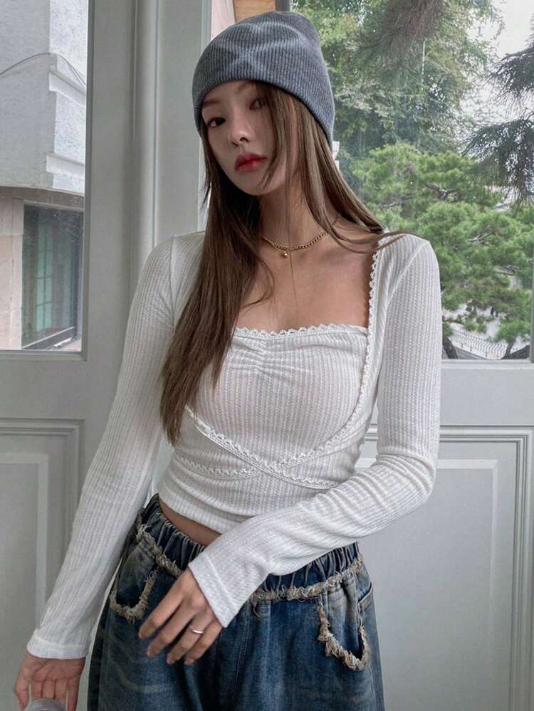 Women's Solid Color Ruffle Trim Simple Long Sleeve Casual Top, Daily Wear