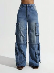 SHEIN ICON Y2K Streetwear Stylish Multi-Pocket Loose Cargo Jeans, Washed Denim Design, Flare Leg, Low Waist, All Season