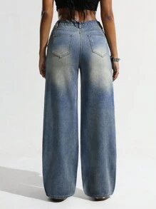 SHEIN Unity Pantalones anchos de mezclilla vintage de moda para mujer, estilo grunge - Lavado ligero - Ver 3