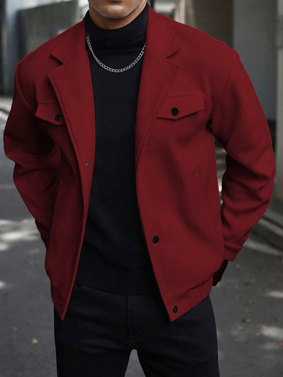 Manfinity Homme 男士纯色单排扣长袖口袋休闲大衣 - 酒紅色 - 查看 1