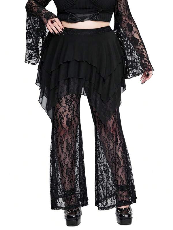 Whyspr Goth Punk Plus Size Mesh Contrast Lace Sheer Elegant Vintage Solid Color Pants