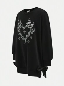 SHEIN Sweat-shirt-shirt décontracté et ample pour préadolescentes avec imprimé lettrage et nœud décoratif - Noir - Voir 3