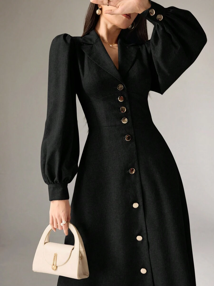 Heiryn Đầm dài tay không cổ màu trơn đơn giản cho nữ không cài nút - màu đen - Xem 1