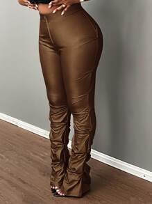 Slaydiva Plus Size Elegant Slim Fit Solid Black Front Metal Zipper Ruched Pants For Autumn/Winter - Mocha Brown - View 4