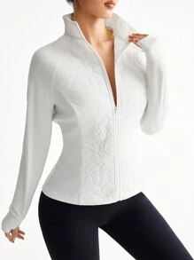 Easithlete 女士纯色拉链休闲长袖冬季夹克，简约风格 - 粉色 - 查看 4