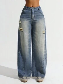 SHEIN Unity Pantalones anchos de mezclilla vintage de moda para mujer, estilo grunge - Lavado ligero - Ver 1