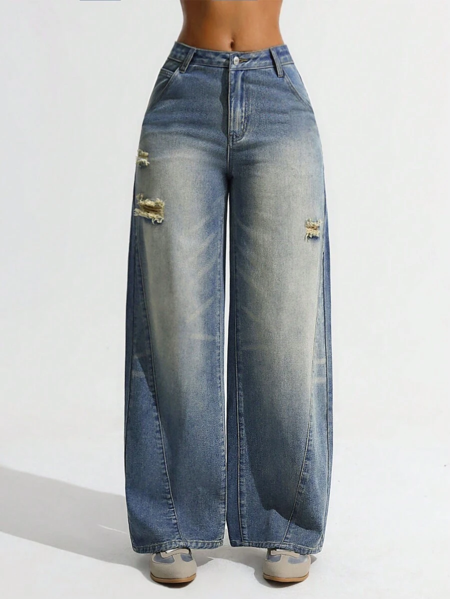 SHEIN Unity Pantalones anchos de mezclilla vintage de moda para mujer, estilo grunge - Lavado ligero - Ver 1