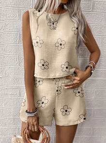 Breezaya 2 件套花卉印花圆领吊带背心和短裤套装，女士宽松休闲风格