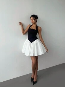 Aloruh Black & White Contrast Color Halter Party Short Dress, Elegant For Women, For Graduation