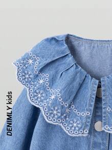 Baby Girl Openwork Embroidered Collared Denim Dress, Medium Blue Wash - Medium Wash - View 4