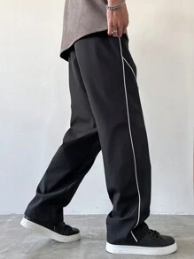 Manfinity Campus Court Streetwear Sport Straight-Leg Casual Racing Pants With Tape Design, Street Hip Hop Pants For Men Stylish Loose Straight Casual Pants, For Friends, Husband, Boyfriend Gifts - Black - View 2