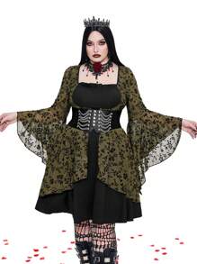 Whyspr Goth Punk Plus Size Solid Color Patchwork Long Sleeve Casual Elegant Dress Goth Women Outfit - Green - View 6