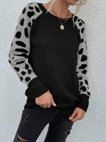 SHEIN LUNE Women's Leopard Print Round Neck Raglan Sleeve Pullover Sweater, Autumn/Winter Knit Pullover Fall Sweater - Multicolor - View 5