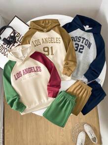 SHEIN Leap Crew Tween Boys 4-For-6 Deal, 6pcs Set Of Solid Color Hoodie Sweater & Elastic Waist Pants Outfit, Casual, Suitable For Spring, Autumn, Outdoor, School, Street Style, Party, Home, Great Value - Multicolor - View 1