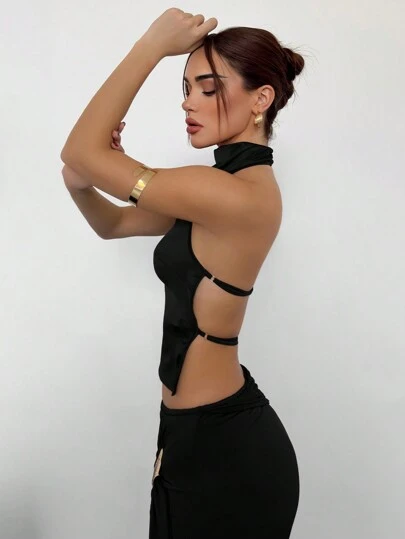 Aloruh Top de satén sin espalda con cuello alto para mujer, ideal para fiestas