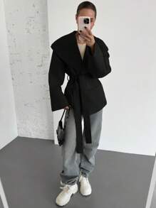 Aloruh 女士优雅通勤黑色外套纯色前系带长袖口袋简约休闲夹克秋冬 - 黑色 - 查看 5