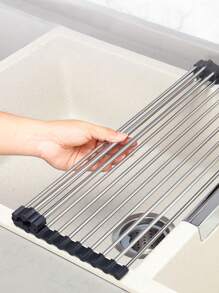 1 Pc Over The Sink Dish Drying Rack, Roll Up Dish Drying Rack Kitchen Dish Rack Stainless Steel Sink Drying Rack, Foldable Dish Drainer Folding Stainless Steel Drain Rack For Sink, Multifunctional Bowl, Plate, Vegetable And Fruit Storage, Drain Curtain For Kitchen,Black(9/11/13in)