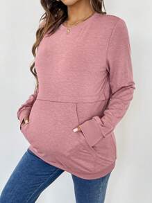 SHEIN Pregnant Women Round Neck Long Sleeve Pocket Plain Sweatshirt, Casual Daily Wear - Pink - View 4
