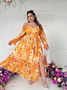 Flirla Stylish & Elegant French Style Floral Print Square Neck Off-Shoulder Puff Sleeve Waist Slimming Chic Dress For Women - Multicolor - View 1