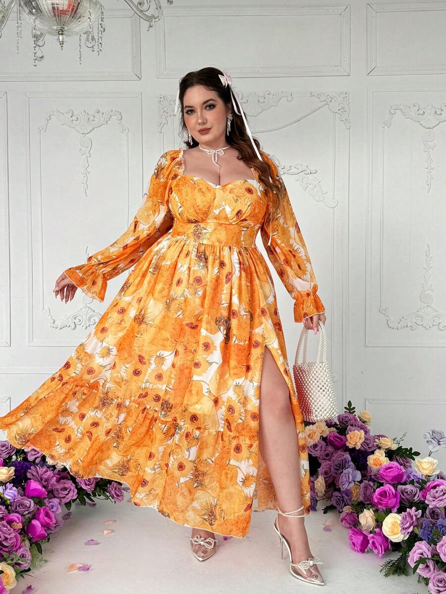 Flirla Stylish & Elegant French Style Floral Print Square Neck Off-Shoulder Puff Sleeve Waist Slimming Chic Dress For Women - Multicolor - View 1