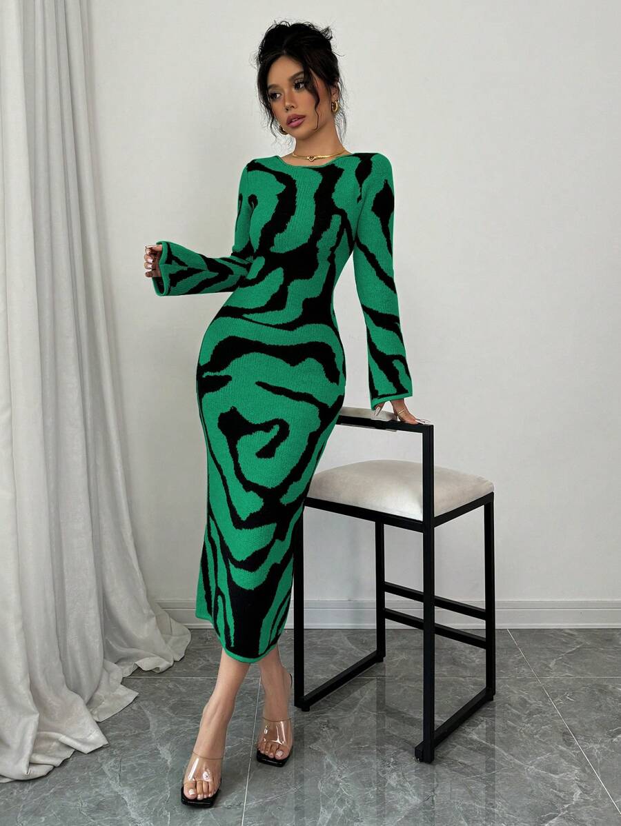 Elenzga Women Pattern Flare Sleeve Sweater Dress - Green - View 1