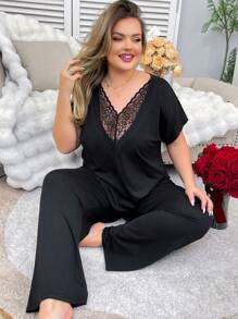 Sexy Lace Splicing Casual Women Loose Comfy V-Neck Home Pajamas Set - Black - View 7
