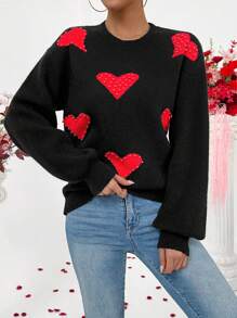 Chiquease Fashionable Heart Studded Pullover Long Sleeve Sweater Knit Pullover Fall Winter - Black - View 3
