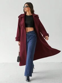 SHEIN Tall Chaqueta larga de manga larga con botones delanteros sencilla de color borgoña, abrigo largo de lana burdeos vintage de uso casual diario, abrigado y grueso para disfraces de invierno de Acción de Gracias, Halloween, Navidad y otoño para mujeres