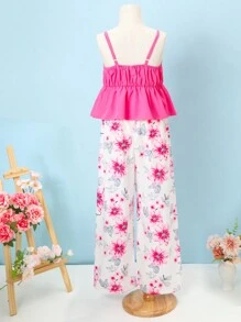 2Pcs/Set Pink Spaghetti Strap Bow Vacation Casual Outfit For Tween Girls - Hot Pink - View 2