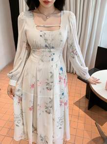 DAZY Đầm midi tay dài in hoa cổ vuông cho nữ, Đầm thu, Đầm dài tay - Màu be - Xem 3