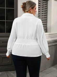SHEIN Clasi Plus Size Casual Solid Color Cinched Waist Long Sleeve Shirt, Autumn - White - View 2