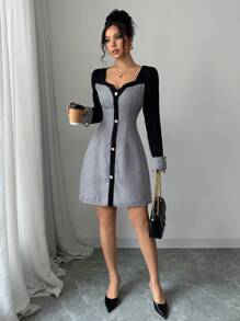SHEIN Frenchy Rochie scurtă minimalistă, cu mânecă lungă, cu nasturi în față, de damă