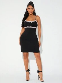 SHEIN SXY 女士蕾丝拼布细肩带蝴蝶结装饰短裙，黑色连衣裙，女士黑色连衣裙，露背连衣裙，情人节 - 黑色 - 查看 4