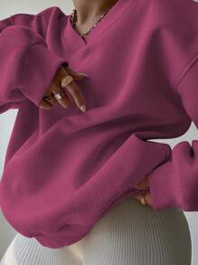 INAWLY Áo nỉ dáng rộng, cổ chữ V, vai rớt, màu trơn, cỡ lớn, thích hợp mặc mùa xuân/thu, tốt nghiệp, tựu trường, lễ tốt nghiệp, dành cho nữ giáo viên, áo nỉ chui đầu mùa thu cho mùa tựu trường. - Màu đỏ tím - Xem 6