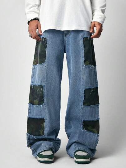 Street Life Jeans en denim simple et décontracté avec patchwork de couleur unie pour homme