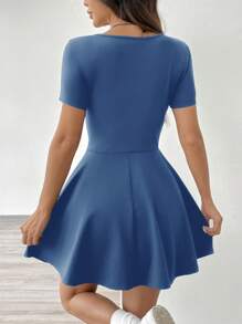 SHEIN EZwear Gray-Blue Knitted Women's Short Dress - Blue - View 2