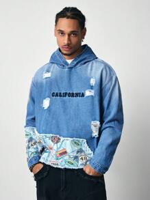 ROMWE MEN Street Life Men Letter Graphic Long Sleeve Ripped Hooded Denim Jacket, Autumn - Baby Blue - View 6