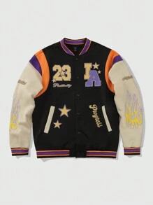 ROMWE MEN Prep Chaqueta de béisbol casual de hombre con patrón de letras y pentágonos, manga larga, abotonadura sencilla, para otoño