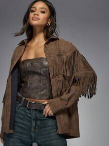 MISSGUIDED Suede Fringe Shirt - Coffee Brown - View 6