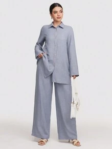 Veilorie 2pcs Women's Solid Color Front Button Up Long Sleeve Casual Top And Long Pants Set Modest - Blue - View 2