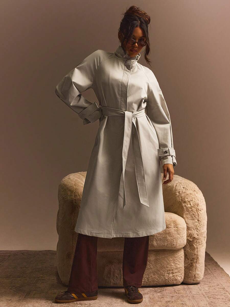 Athîral 女式纯色立领插肩袖长款休闲风衣，秋季