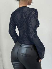 Firerie Blusa negra de mujer con cuello en V, parches de encaje y mangas de campana de encaje - Azul Marino - Ver 3