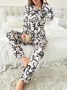 蝴蝶结星形印花翻领长袖睡衣套装，秋冬舒适优雅细节 - 彩色 - 查看 3